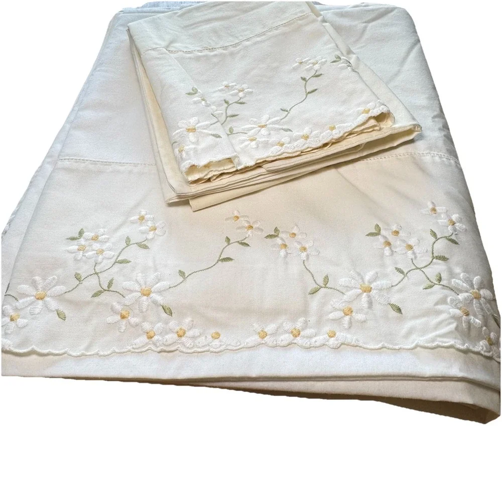 VTG Wamsutta Supercale Plus Ivory Full Flat Sheet & Pillowcase‎ Daisy Embroidery